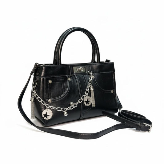Edgy Glam Black Satchel – Star Charm Edition